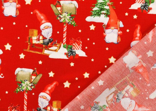 Weihnachtswichtel rot Weihnachtsstoff aus Baumwollstoff mit Wichteln und Geschenken